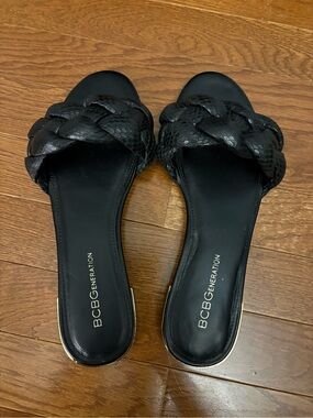 BCBGeneration Black Braided Slide Sandals with Gold Heel